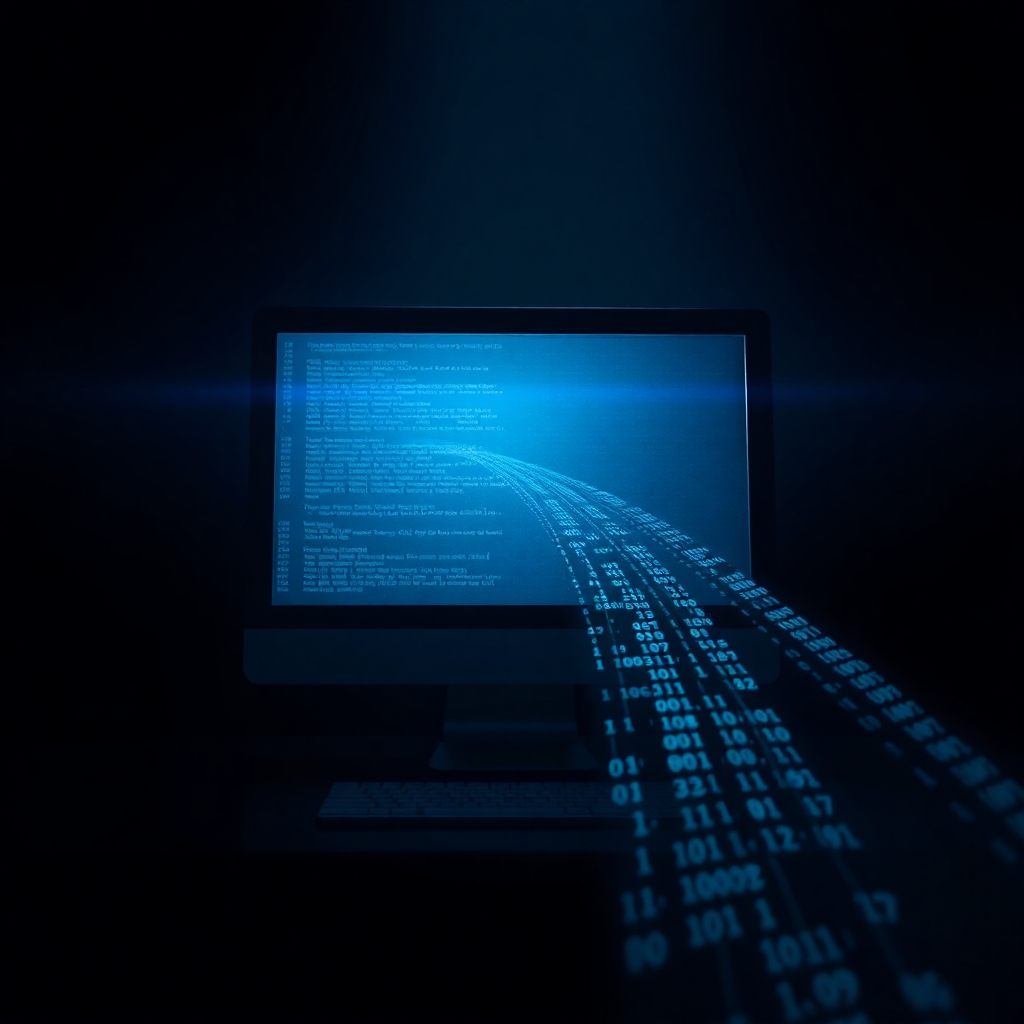 An image depicting a computer downloading information.